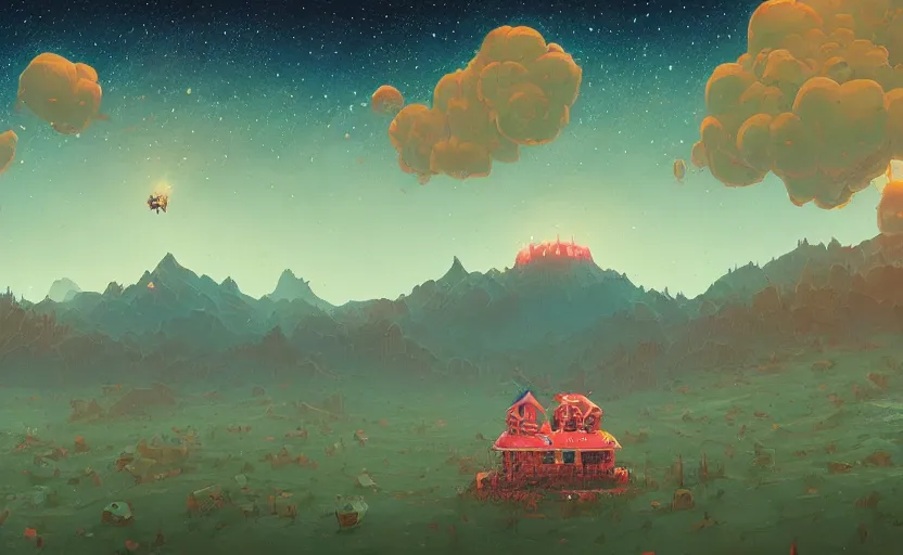 Image similar to mountains, stars and paisley filled sky, artstation, intricate, highly detailed, digital painting, concept art, sharp focus, illustration by Benjamin Lacombe and Simon Stalenhag