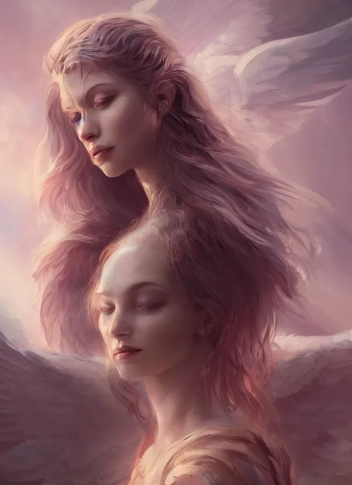 Prompt: beautiful 4 k female portrait, wolf, aasimar angel with wings, tarot card art, character concept art, oilpainting, cinematic lighting, trending in artstation, cgsociety, by wlop, artgerm