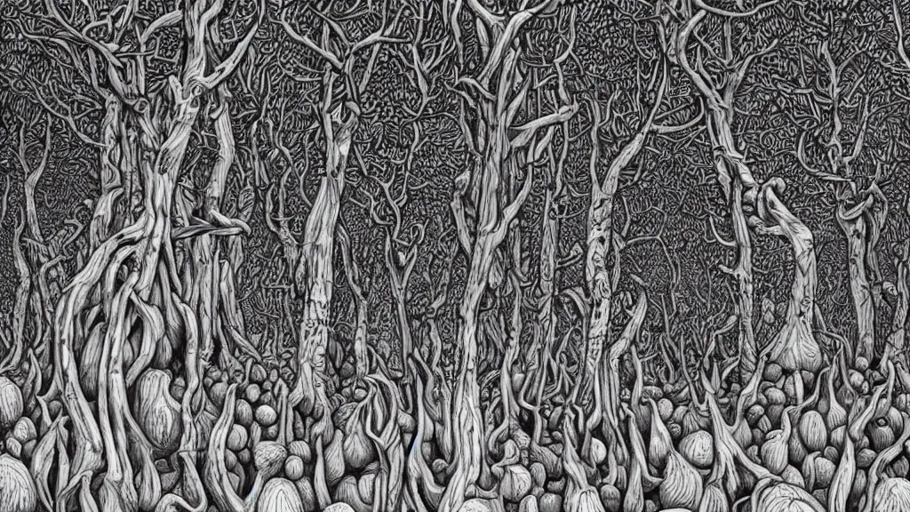 Image similar to a forest of giant thumbs, by escher and chris van allburg, fine inking lines, surreal fantasy