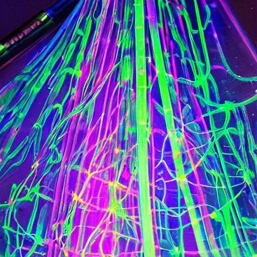 Prompt: a painting of luminescent translucent cast glass 3d xray abstract supernova a luminescent translucent cast glass 3d sculpture of a tunnel made of a net of neon tubes filled with glowing light trails and lightsabers inside! Uv blacklight, 8k, 4k, brush strokes, painting, highly detailed, iridescent texture, brushed metal
