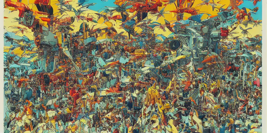 Prompt: risograph rendition, gigantic mecha arzach birds with dragonflies, tiny rats, yellow colors, a lot of exotic animals around, big human faces everywhere, helicopters and tremendous birds, by satoshi kon and moebius, matte bright colors, surreal design, crispy, super - detailed, a lot of tiny details, fullshot