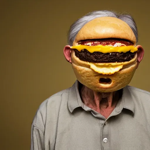 Image similar to an elderly man wearing a mask made from a cheeseburger, bold natural colors, national geographic photography, masterpiece, 8 k, raw, unedited, symmetrical balance