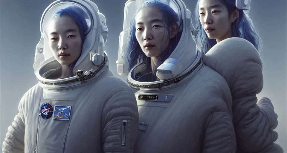 Image similar to portrait of yael shelbia and kang seul - gi, astronaut, symetrical facial, white hair, intricate design details. cyberpunk touareg, by ruan jia, weldon casey, christophe vacher. smooth gradients, transparent inflatable structures.