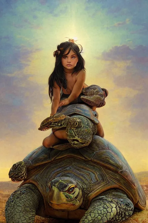 Image similar to a little warrior girl sitting on top of a giant turtle that is walking in the desert, seen from a distance. the girl is fully visible and has dark skin and beautiful green eyes, realistic full body and a very beautiful detailed face with long black hair. diffuse light, dramatic sky and landscape, fantasy illustration by mucha