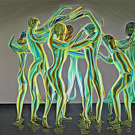 Image similar to liquid people dancing in a lightfull room by lynda benglis, hyperrealistic, shadows, high detail, digital art