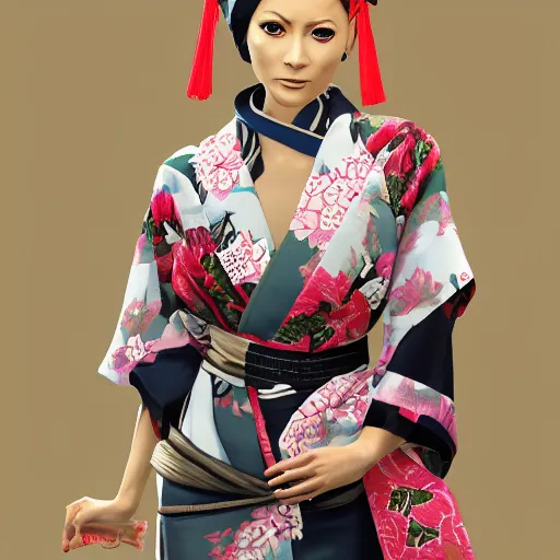 Image similar to [Emma Bonino] in Yakuza videogame, she is wearing a kimono and a turban,artwork 8k, trending on artstation