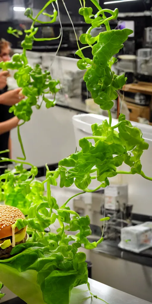 Image similar to a lab - grown cheese burger, growing right out of a hydroponic vine, amazing cheeseburger science garden