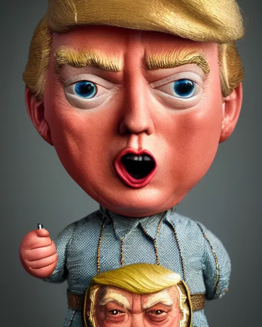 Prompt: highly detailed closeup, face profile portrait of a tin toy donald trump as a fairytale henry viii eating cakes, depth of field, nicoletta ceccoli, mark ryden, lostfish, max fleischer, breathtaking, detailed and intricate environment, 8 k resolution, hyperrealistic, octane render