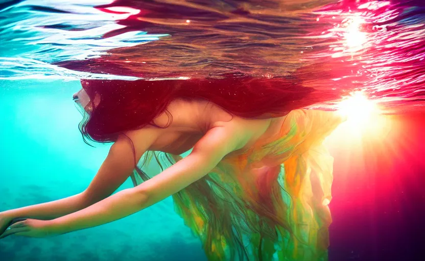 Image similar to photo of very beautiful woman underwater during sunrise, sunrays, caustics, rippling water, photoshoot, flowing hair and colorful fabric, haunting, iconic, masterpiece, sharp focus