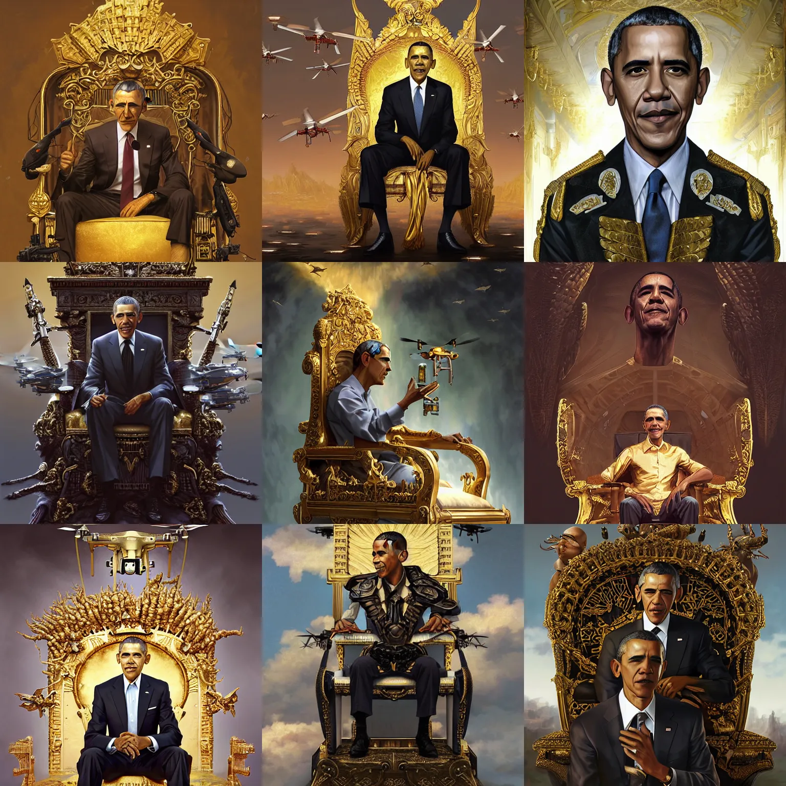 Prompt: portrait of Barack Obama (played by Barack Obama) The Drone King sitting on a golden throne with MQ-1 Predator Drones (military) flying out from under it, intricate details, By Ruan Jia and Stanley Artgerm, Range Murata and WLOP and Ross Tran and William-Adolphe Bouguereau. Key Art. Fantasy Illustration. award winning, Artstation, smooth, Hyperdetailed, 8k resolution.