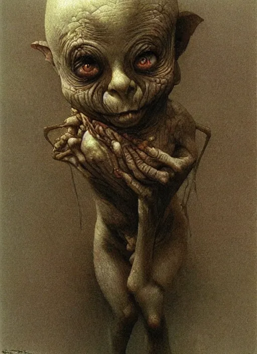 Prompt: cute beautiful bald goblin girl by Beksinski and Luis Royo