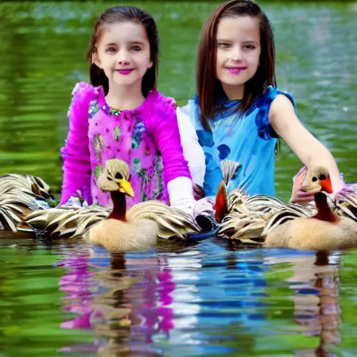 Prompt: Botez sisters are trying to catch a duck