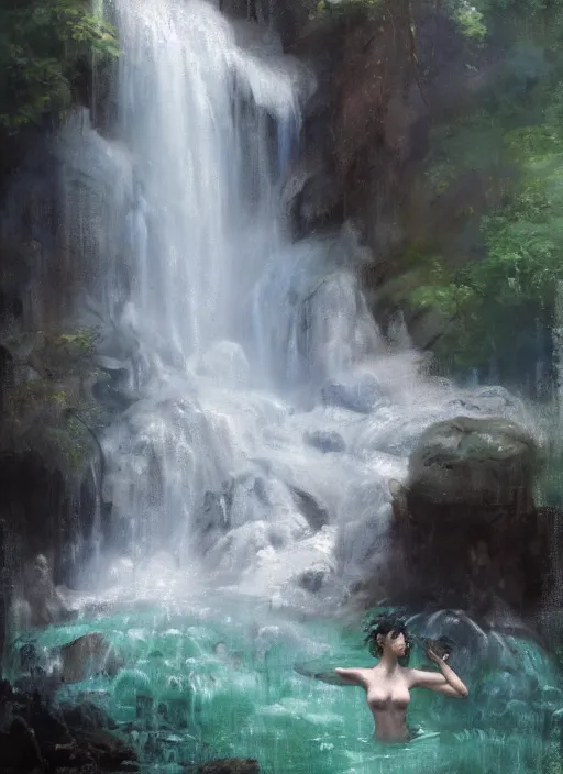 Image similar to painting of a goddess showering in a waterfall, veiled in mist, with her robes folded and set on a rock in the foreground, detailed, stylized, loose brush strokes, pastel colors, blue and green hues, by Jeremy Mann, intricate, beautiful