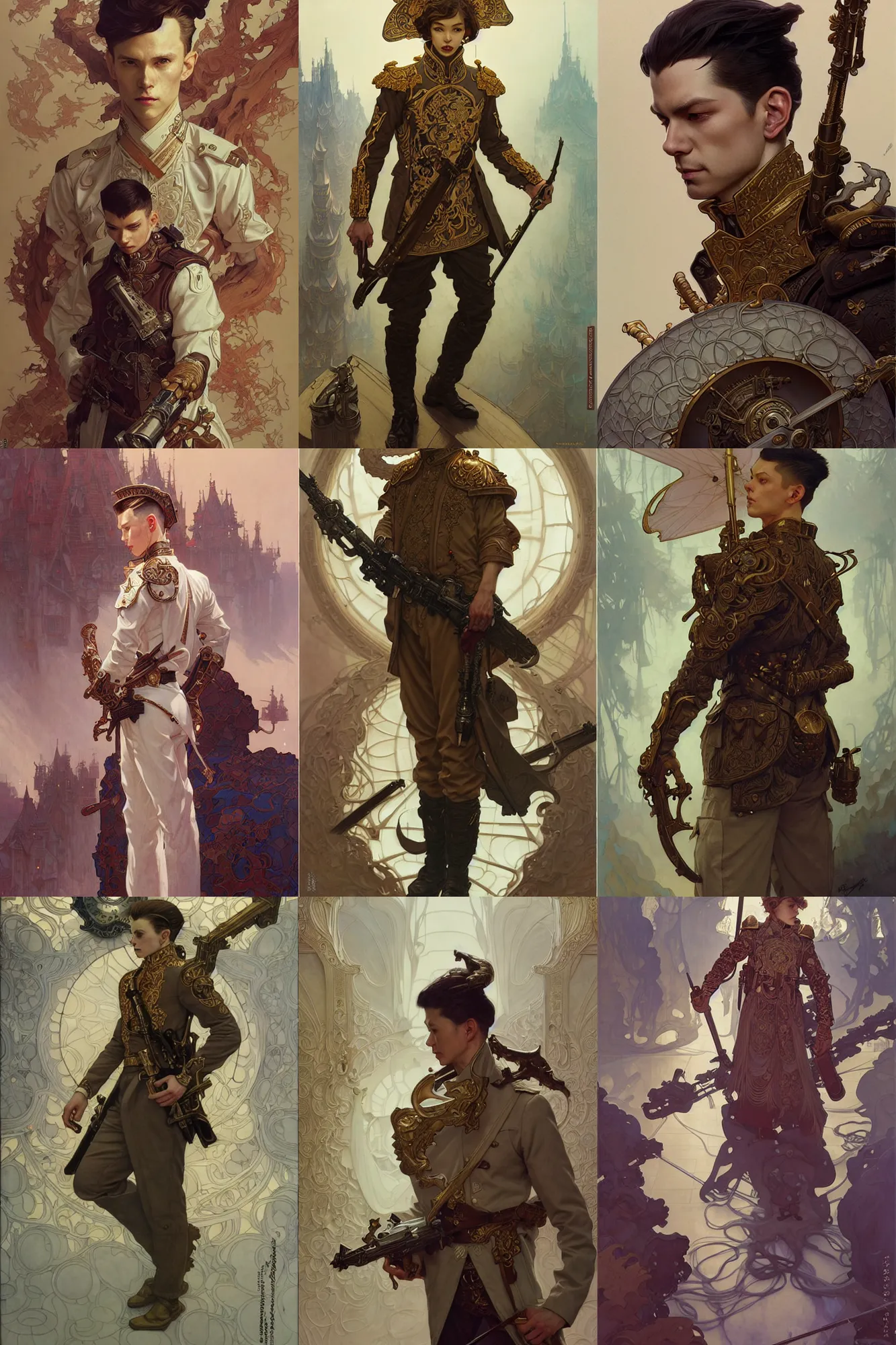 Prompt: young male guard, white russian clothes, fantasy, highly detailed, intricate, smooth, art by joseph leyendecker, peter mohrbacher, ruan jia, marc simonetti, ayami kojima, cedric peyravernay, alphonse mucha, victo ngai