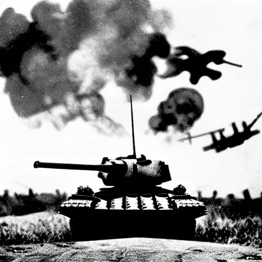 Image similar to black and white photo Dragons in Battle of Kursk WWII, dragons flying, tanks