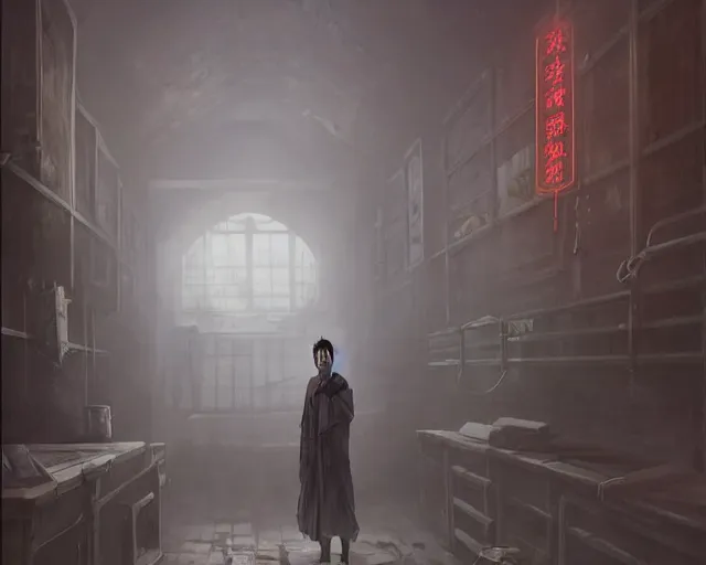 Prompt: a 50 year old brunnete chinese man standing in a morgue funereal next to the grim reaper, horror scene, dramatic, anime art, Greg Rutkowski, studio ghibli, dramatic lighting