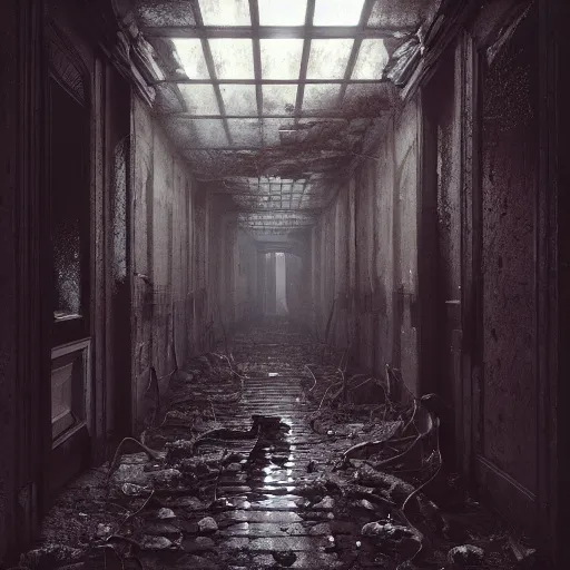 Prompt: a demonic infested hallway of death and decay, au naturel, hyper detailed, digital art, trending in artstation, cinematic lighting, studio quality, smooth render, unreal engine 5 rendered, octane rendered, art style by klimt and nixeu and ian sprigger and wlop and krenz cushart