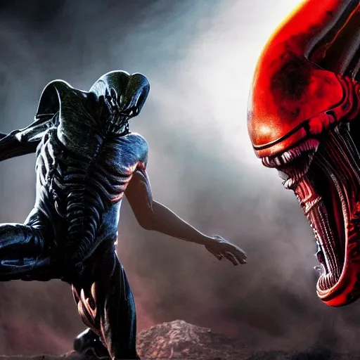 Image similar to portrait of a xenomorph roaring at a predator which has a weapon drawn. movie poster. photo 8 k.