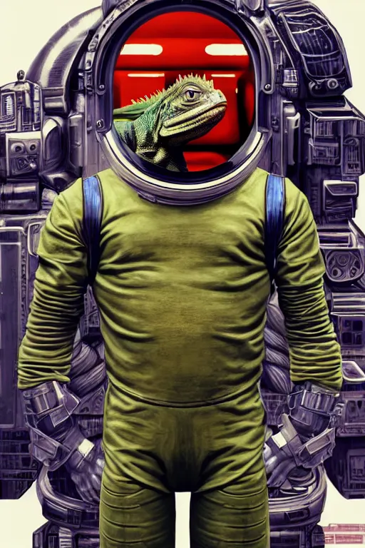 Prompt: a portrait of a muscular anthropomorphic cyberpunk iguana! space mechanic in spacesuit armor with a large head by sandra chevrier, by jon foster, detailed render, pistol in holster, tape deck, epic composition, cybernetics, 4 k realistic, cryengine, realistic shaded lighting, sharp focus, masterpiece, by enki bilal