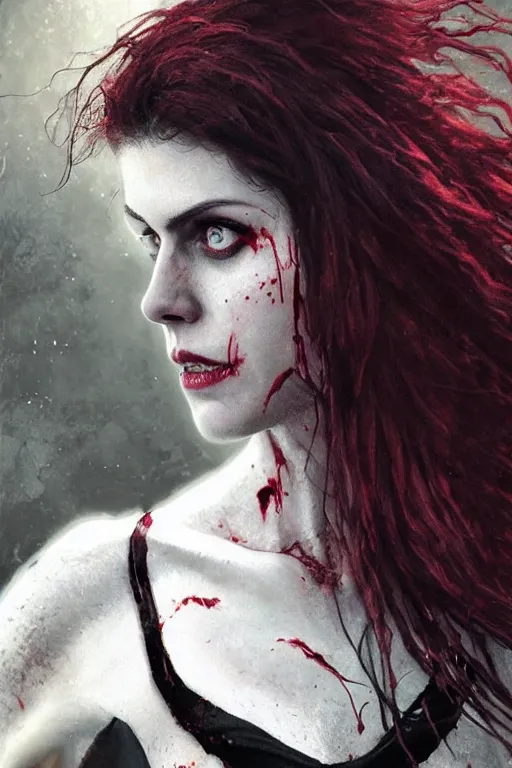 Image similar to woman!, black skeleton body!!, covered with blood, alexandra daddario face!!!, long red hair, ultra realistic, concept art, intricate details, highly detailed, photorealistic, octane render, 8 k, unreal engine. retro film still, heavy grain, 3 5 mm, art by artgerm and greg rutkowski and alphonse mucha