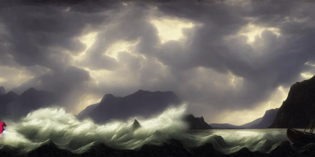 Image similar to a princess, big monster, snowy fjord, storm clouds, dramatic lighting, hudson river school, afternoon