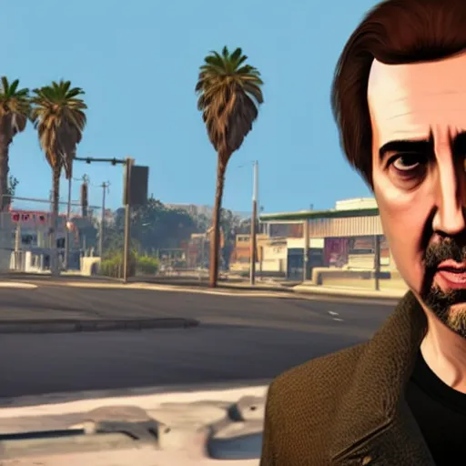 Image similar to Nicholas Cage in GTA V . Los Santos in the background, palm trees. In the art style of Stephen Bliss