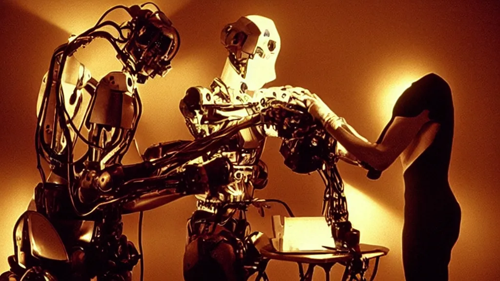 Image similar to movie still of a man transforming into a robot, cinematic composition, cinematic light, by david lynch and gaspar noe and ridley scott