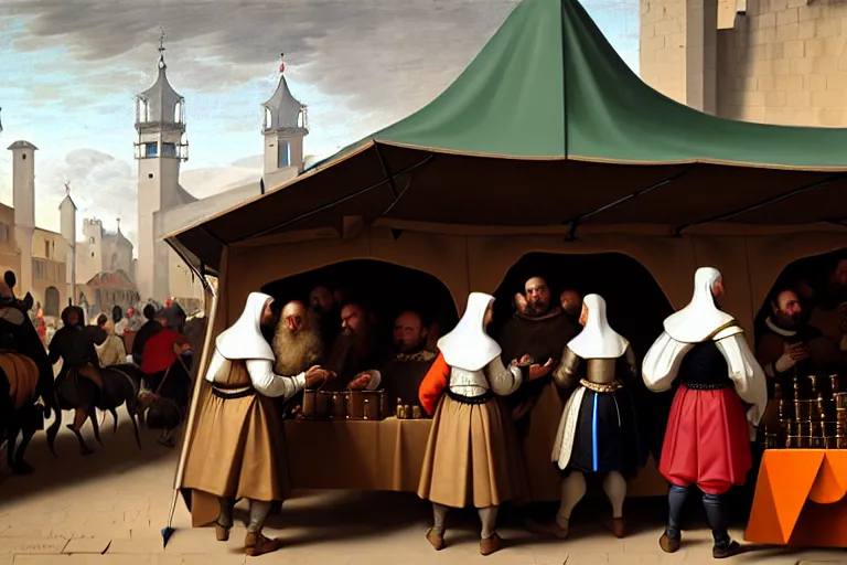 Image similar to A tent of a medieval market on detail selling mobile phones!!!!!! Some people walking around, close-up, trending on artstation, hyper detailed, sharp, baroque painting, painted by Velazquez