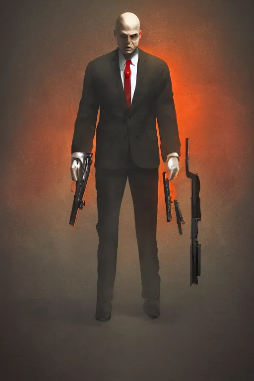 Image similar to an expressive full body portrait of agent 4 7 from hitman in a hallway full of guns, dark background, red rim light, digital art, artstation, concept art by giger stalenhag