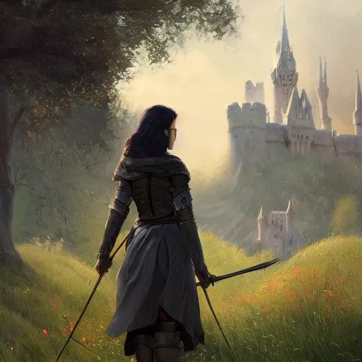 Prompt: a warrior girl with short black hair wearing a gray cloak and boots holding a crossbow standing in a meadow with medieval fantasy landscape with castle in the distance, shot from behind, digital art, by andreas rocha, by greg rutkowski, trending on artstation, 4k, vibrant colors