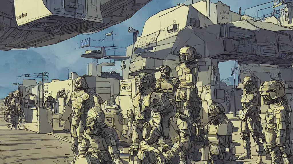 Prompt: An amazing illustration of a futuristic military in a small town, by Frank Miller. Cinematic. Bright color palette. Wide angle. Clean lines. Balanced composition. Infusion & IV Supplies: IV Catheters, Blood Collection Kits. IV Infusion, IV Therapy, IV Medical Supplies