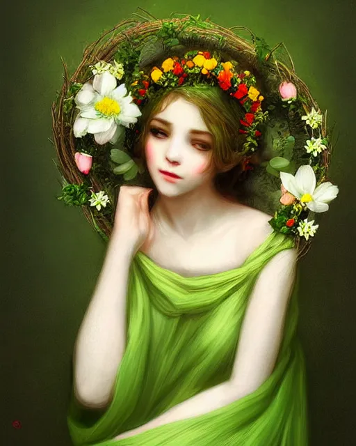 Image similar to the goddess of spring, with a wreath on her head and a green gauze skirt, dreamy, beautiful, by wlop