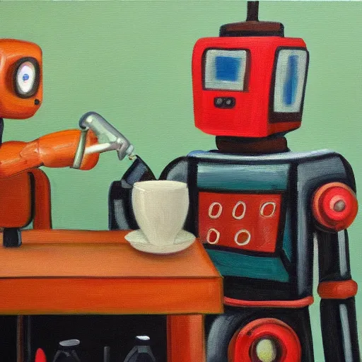 Prompt: oil painting of robot drinking tea with man