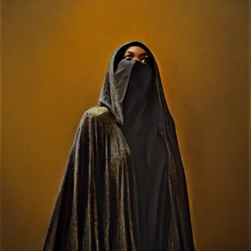 Image similar to a portrait of a young black woman wearing a long dark cloak, hood and shadows covering face, holding golden chains, oil painting, matte painting, black background, Volumetric Golden dappled dynamic lighting, Highly Detailed, Cinematic Lighting, Unreal Engine, 8k, HD, by Beksinski