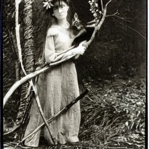 Prompt: a druid gnome poses with her wolf, has leaves and sticks in her hair, by gertrude kasebier