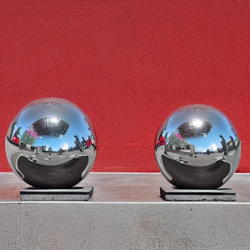 Prompt: chrome spheres on a red cube by gary penca