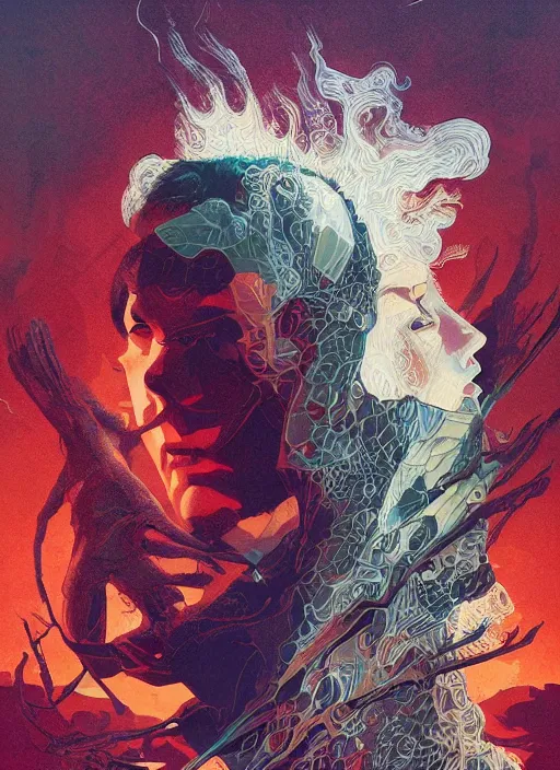 Prompt: poster artwork by Michael Whelan and Tomer Hanuka, Karol Bak of Tom Cruise mind expanding too much like Tetsuo from Akria, from scene from Twin Peaks, clean, simple illustration, nostalgic, domestic, full of details