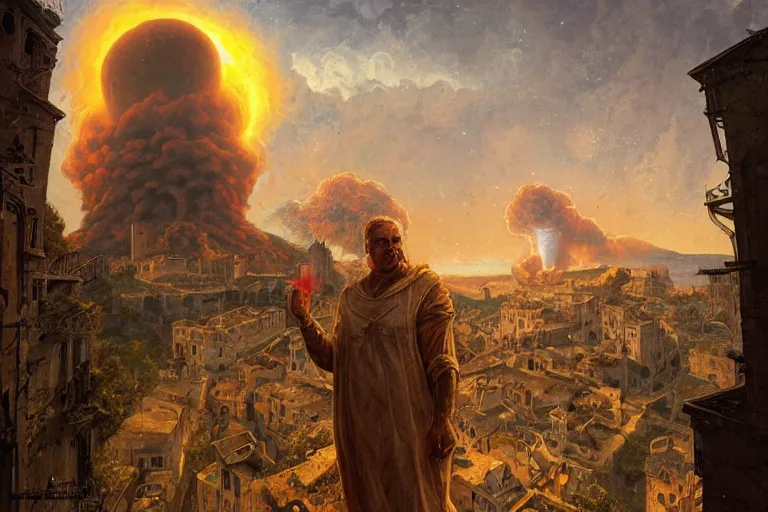 Prompt: a greek man on the ancient floerence alleyway overlooking at the grand epic destructive nuclear explosion at renaissance italy during daylight in the style vincent di fate, peter mohrbacher, yoann lossel, ethereal, golden hour, beautiful, nuclear mushroom smoke
