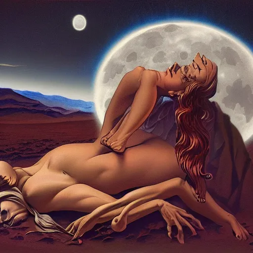 Image similar to sleep of wise old beautiful woman Desert Deity under unresolved evil moon illusion, in the style of Frank Frazetta, Jeff Easley, Caravaggio, extremely clear and coherent, clear lines, 8K revolution