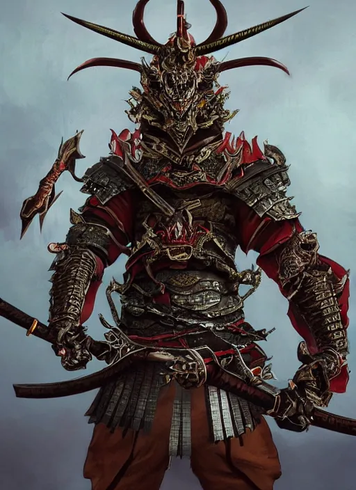 Image similar to A dragon inspired Japanese samurai armor, holding a katana, powerful, fire reflection, trending on artstation, dragon helmet, high dynamic range, hyper detailed