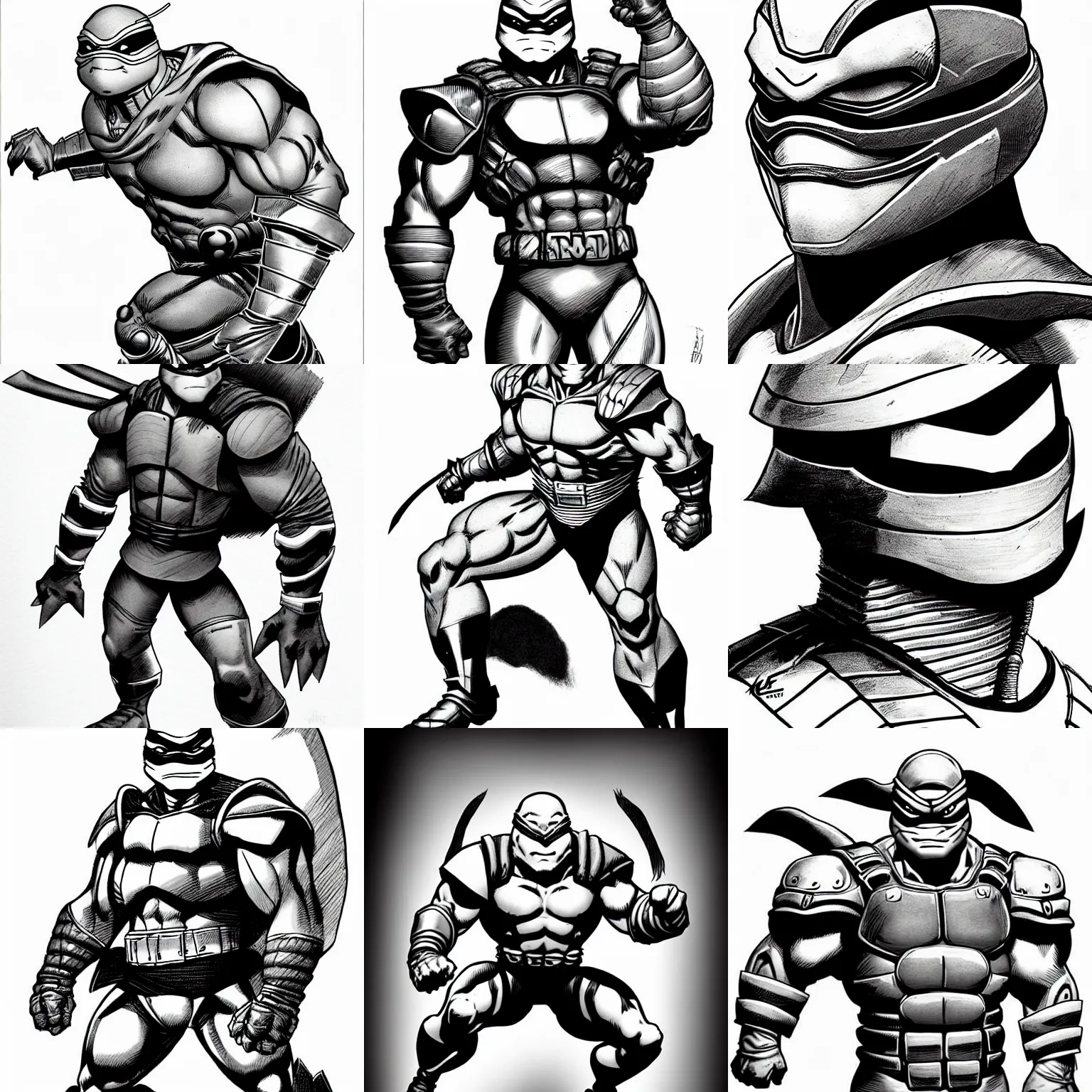 Prompt: anthropomorphic ninja turtle!!! jim lee!!! sideview full shot!! flat ink sketch grayscale by jim lee close up in the style of jim lee, ( attention pose ) cyborg! battle armor rugged knight hulk turtle animal superhero by jim lee