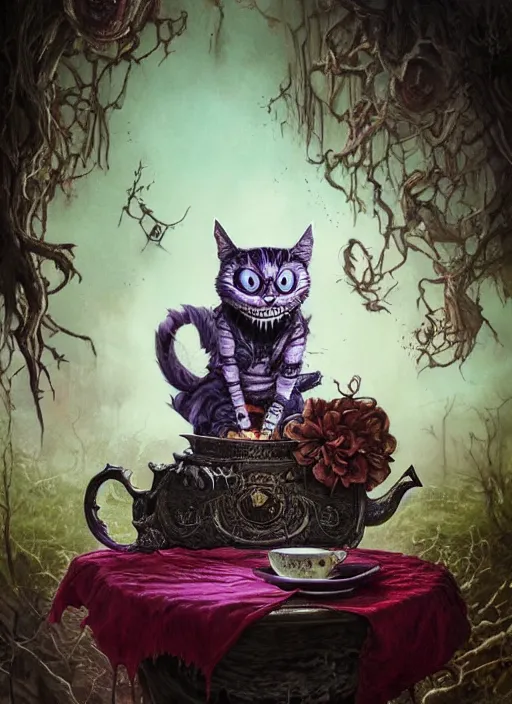 Image similar to Cheshire Cat having tea, Death Tarot card,highly detailed,half skull face,cinematic,8k,by Stanley Artgermm,Tom Bagshaw,Greg Rutkowski,Carne Griffiths, Ayami Kojima, Beksinski, Giger,trending on DeviantArt,hyper detailed,horror, full of colour