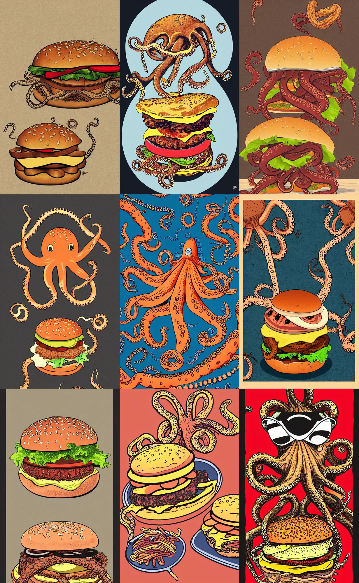 Prompt: highly detailed illustration of octopus and a burger, symmetrical, 8 k, trending, silk screen