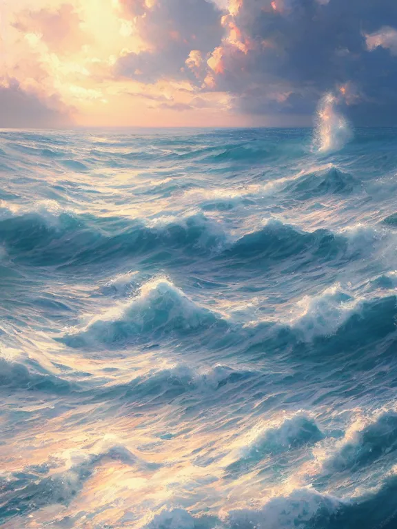 Prompt: Classical oil painting of the ocean waves, beautiful portrait, official anime artwork, stylistic, brush strokes, oil, canvas, by Makoto Shinkai