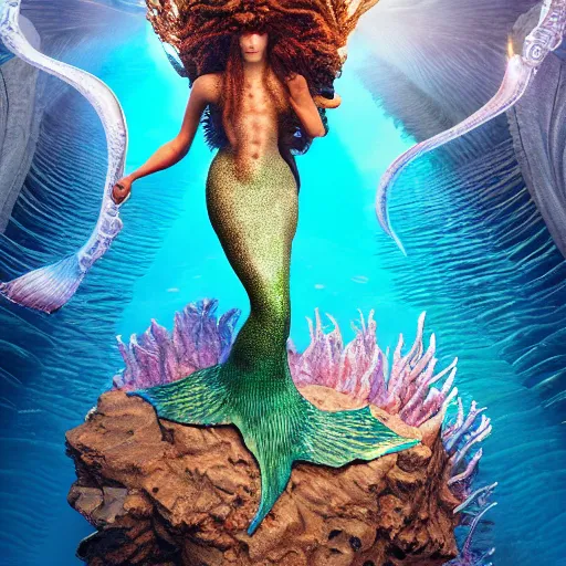 Image similar to unreal engine, octane render, 8 k, intricate detail, gilbert williams and sandro botticelli portrait of tan sumerian mermaid goddess atargatis, with aqua neon rapunzel dreadlocks adorned in seashells, near crystal temple in atlantis, iridescent dolphins swimming in the sea, unicorn flying in the sky, paleozoic atlantis