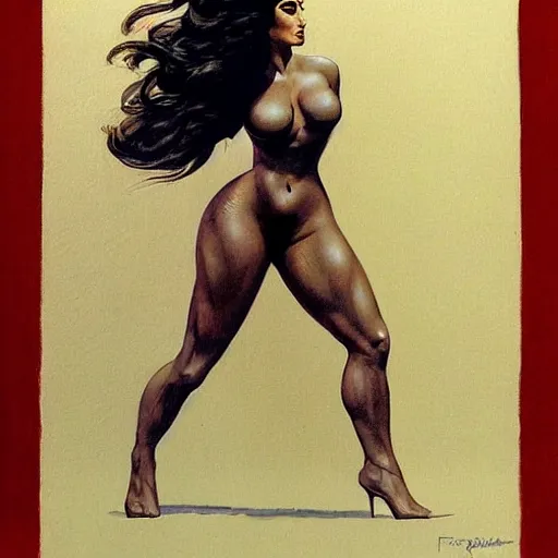 Image similar to epic portrait of kim kardashian by frank frazetta and boris vallejo