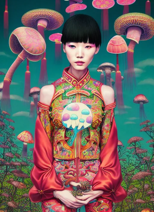 Image similar to pretty chinese model with magic mushroom : : by martine johanna and simon stalenhag and chie yoshii and casey weldon and wlop : : ornate, dynamic, particulate, rich colors, intricate, elegant, highly detailed, vogue, harper's bazaar art, fashion magazine, smooth, sharp focus, 8 k, octane render,