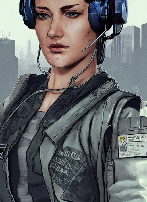 Image similar to Feminist Sara. Gorgeous female cyberpunk hacker wearing a cyberpunk headset, military vest, and pilot jumpsuit. gorgeous face. Realistic Proportions. Concept art by James Gurney and Laurie Greasley. Moody Industrial skyline. ArtstationHQ. Creative character design for cyberpunk 2077.