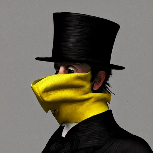 Image similar to a highly detailed portrait of a man in a high top hat covering his face, in a black tailcoat with a yellow waistcoat under the tailcoat, artstation, deviantart, professional, unreal engine 5, photorealistic