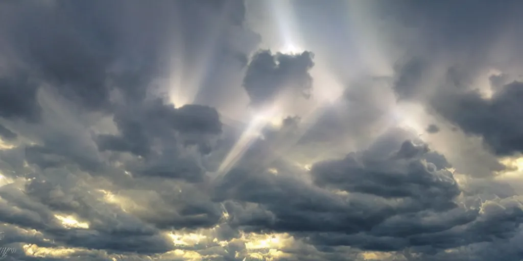 Image similar to hdri sky with spells and stormcloud glimpses of flares and beams airbrush pale tones